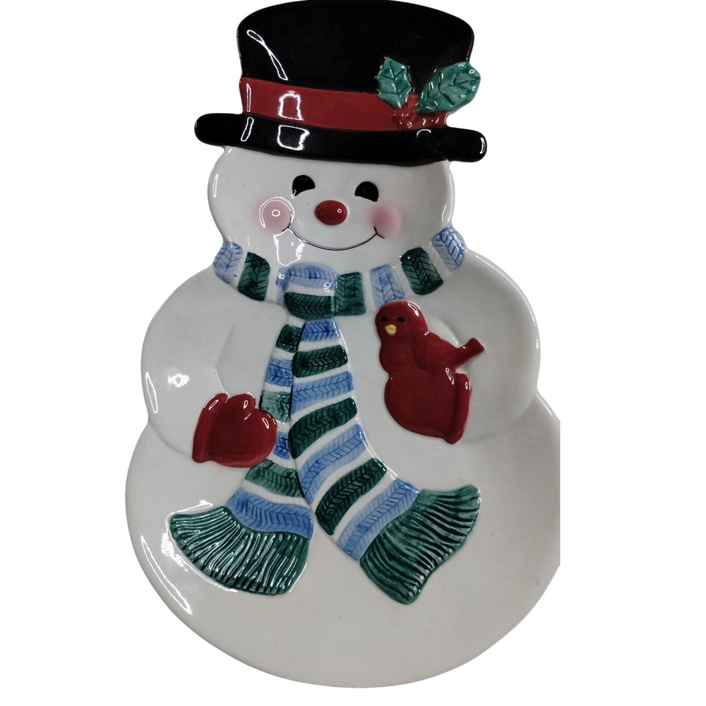 Hallmark Snowman Shaped Plate w/ Cardinal • Christmas Ceramic Dish 12"‎